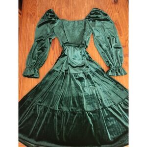 Green Velour‎ On Off Shoulder Smocked Tiered Belted Dress Lrg Ruffle Milkmaid
